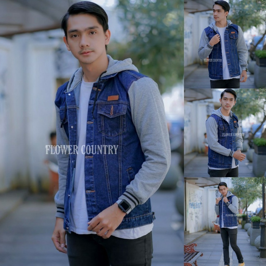 TERMURAH  JACKET JEANS DENIM REGLAN PRIA JAKET JEANS BOY HOODIE KOMBINASI FLEECE BIG SIZE M L XL