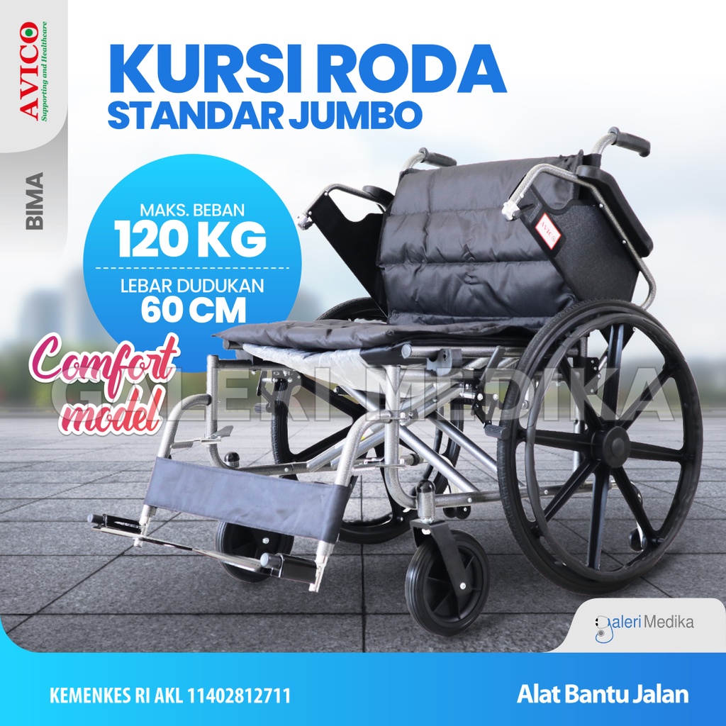 Kursi Roda Jumbo Avico Bima Dudukan Lebar Kuat Hingga Bobot 120Kg Busa Tebal Nyaman / Big Wheelchair