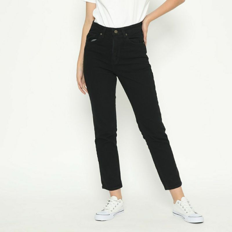 Boyfriend Jeans Wanita Celana Highwaist Panjang Navy Biru Muda Hitam