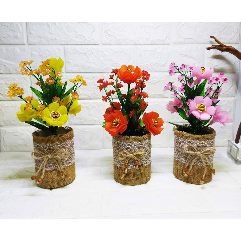 Pajangan Bunga Mawar Dahlia Pot Burlap - Pajangan Imitasi Cantik