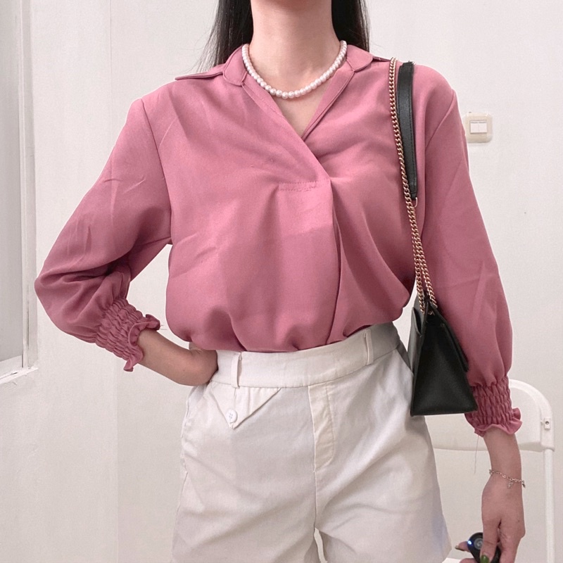 KARA V-Neck Blouse with Collar / Atasan Wanita Kantor Casual Lengan Karet 0319-151-taffy pink