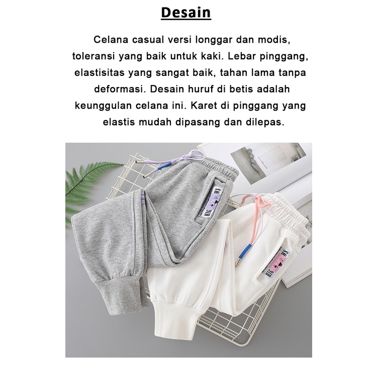 LNR Shop Celana Casual Trend Anak-Anak Perempuan Celana Panjang Olahraga Versi Korea Abu Putih Polos Slim-fitting Pinggang Tinggi Low Waist Santai Katun Putih