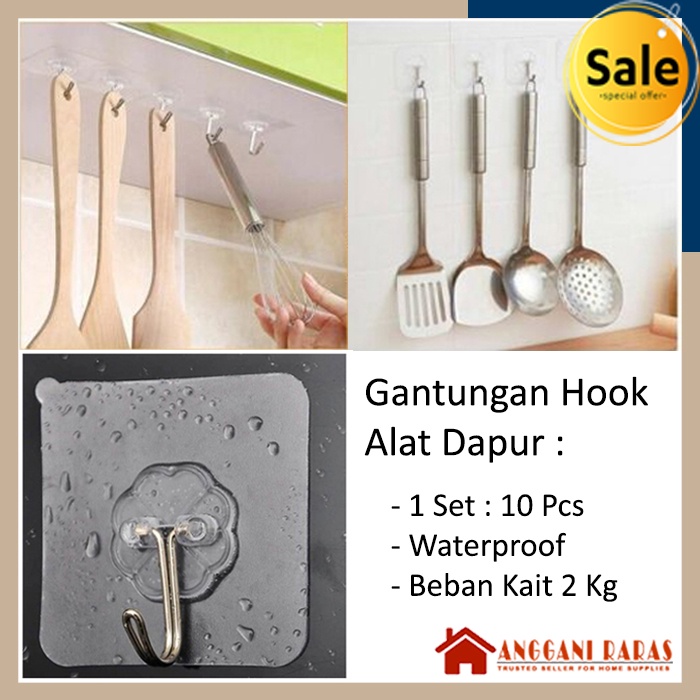 Gantungan Dapur Pengait Perkakas Tempel Dinding Anti Air Set 10Pcs