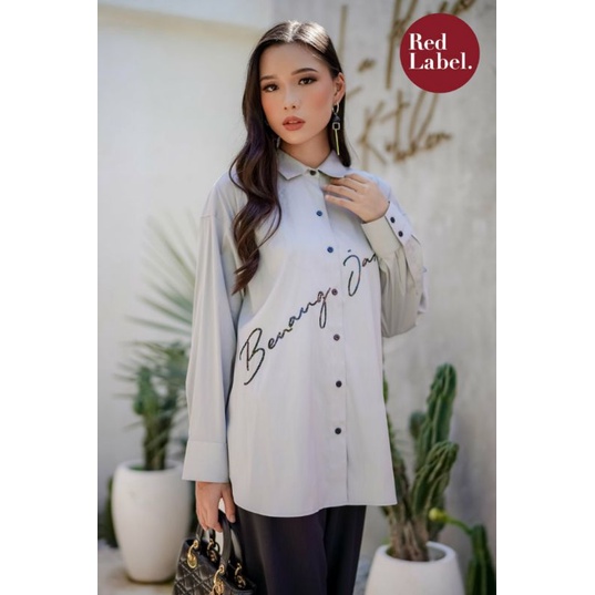 Logo Sequin Shirt Grey Benang Jarum / Kemeja Blouse Logo Sequin Wanita