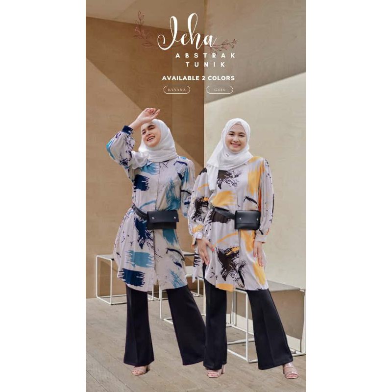 jeha tunik / tunik  motif abstrak / tunik katun rayon / tunic jeha / atasan lengan balon / kemeja ka