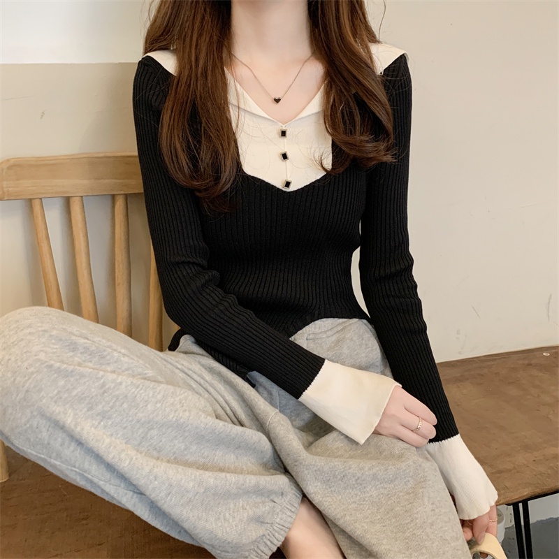 Korean Knitwear V Neck Polos Wanita Lengan Panjang