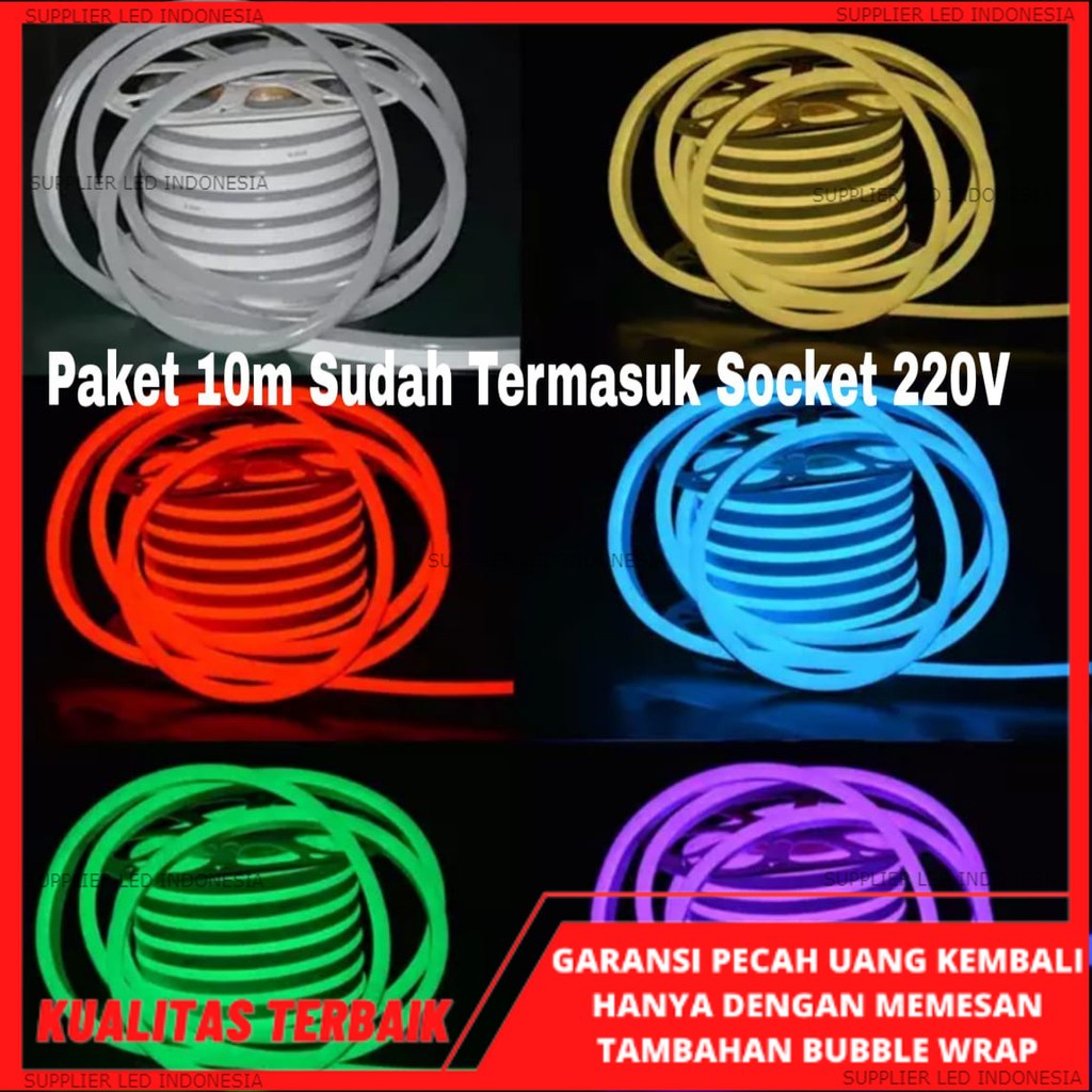 PAKET LAMPU NEON FLEX 5M 220V LED Selang Flexible Sign Strip 220 V VOLT WATERPROOF Sudah Dapat Soket