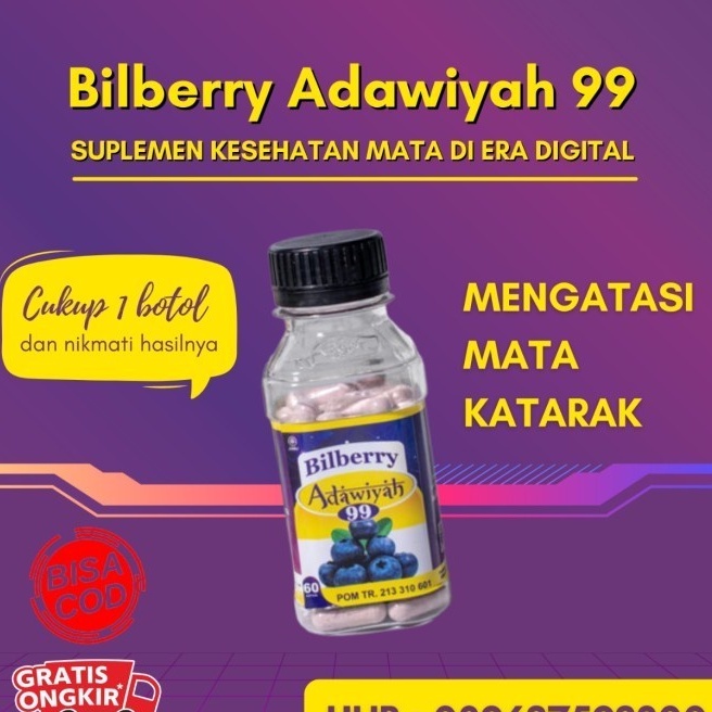 Kapsul Bilberry Adawiyah Original - Kapsul Bilberry Adawiyah Asli - Vitamin Mata Herbal - Suplemen Mata Alami - Obat Mata Katarak - Obat Mata Plus - Obat Mata Minus - Obat Mata Berlemak - Nutrisi Mata Herbal - Bilberry Adawiyah 99 Asli Original