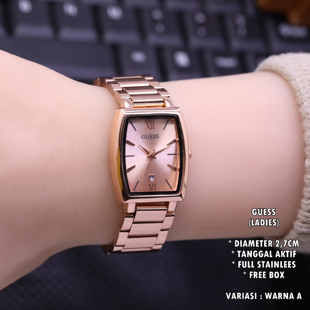 (BISA COD) JAM TANGAN WANITA GUESS RANTAI BODY OVAL BALOK TANGGAL AKTIF