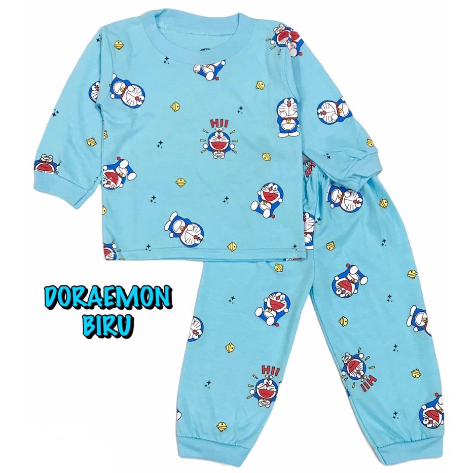 (1 KG MUAT 7 STEL) BAJU TIDUR ANAK KIDS LAKI-LAKI/COWOK PEREMPUAN/CEWEK SETELAN/STELAN BAHAN KAOS KATUN PP WARNA DORA EMON BIRU