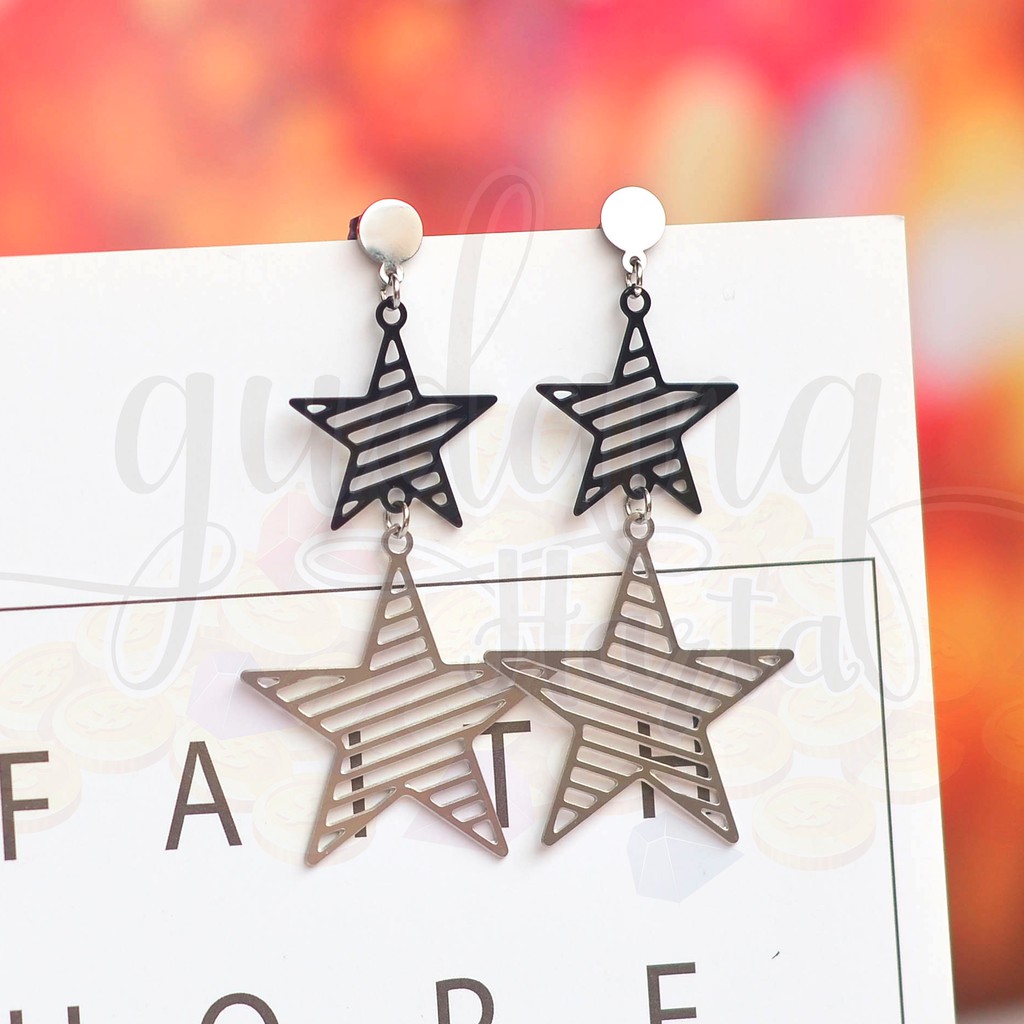 Anting Stud Silver Stars Simple Bintang Unik Stainless Panjang Lucu GH 203127