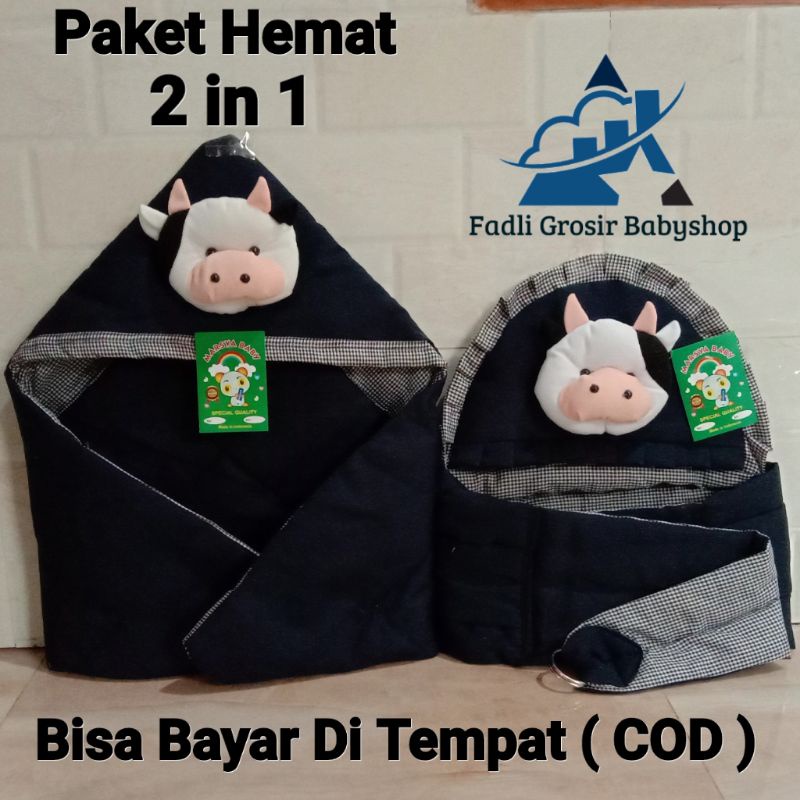 Paket Hemat ( 2 in 1 ) Gendongan Bayi Samping Topi Boneka Sapi Dan Selimut Bayi Topi Boneka Sapi