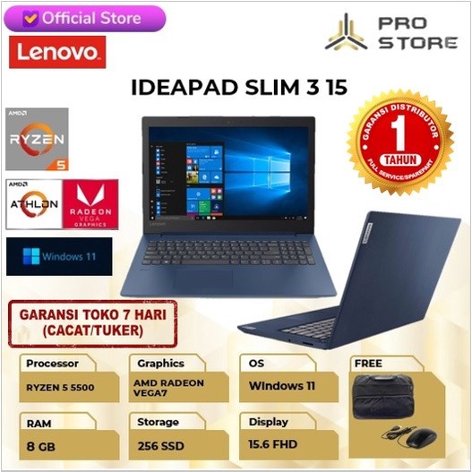 {MahesStore} Lenovo Ideapad Slim 3 15 Ryzen 5 5500 8GB 256ssd Vega7 W10 15.6FHD - LAPTOP GOLD 15INC 