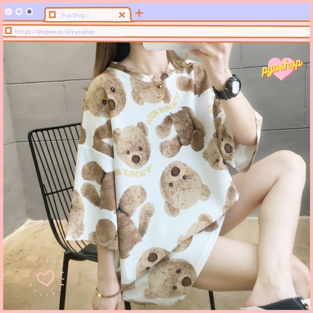 Oversize Tee Tshirt Kaos Import Longgar Model Besar Motif Bear Coklat Fullprint