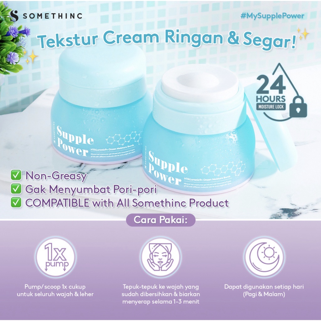 SOMETHINC Supple Power Hyaluronic9+Onsen Moisture Bomb Gel - Krim Pagi dan Malam (Kulit Sensitif)