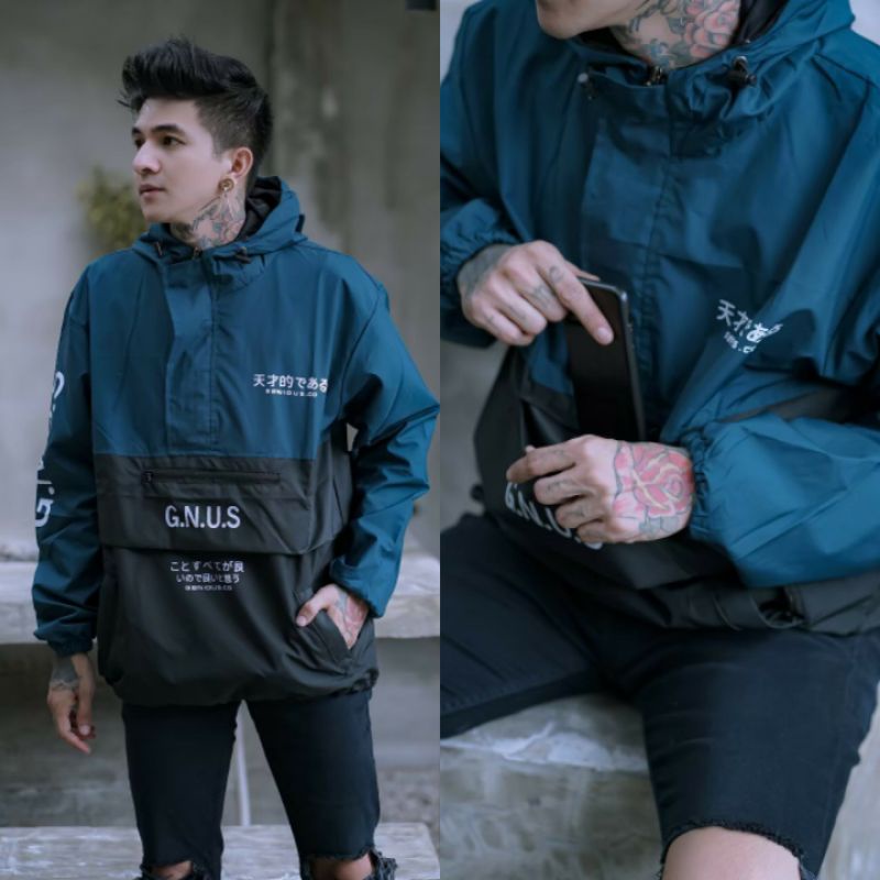 Jaket pria IKC 002 distro cbr Bandung hoodie dua sisi bolak balik keren grosir jaket cagoule erigo Jaket Pria Parasut Anti Air-CG Navy hitam