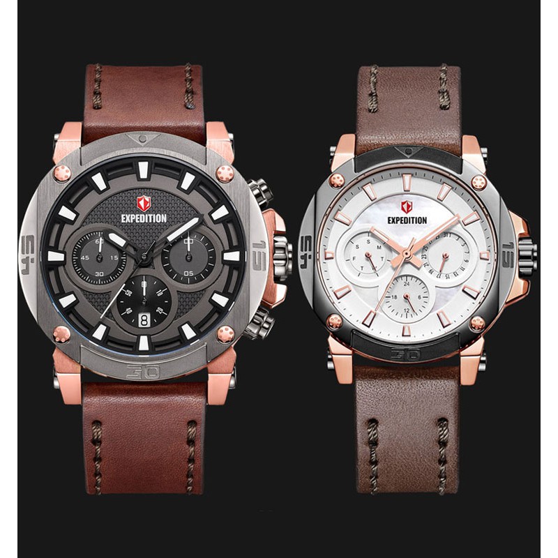 Expedition E 6606 RGBW Couple Chronograph Rose Gold Case Dark Brown Leather Strap