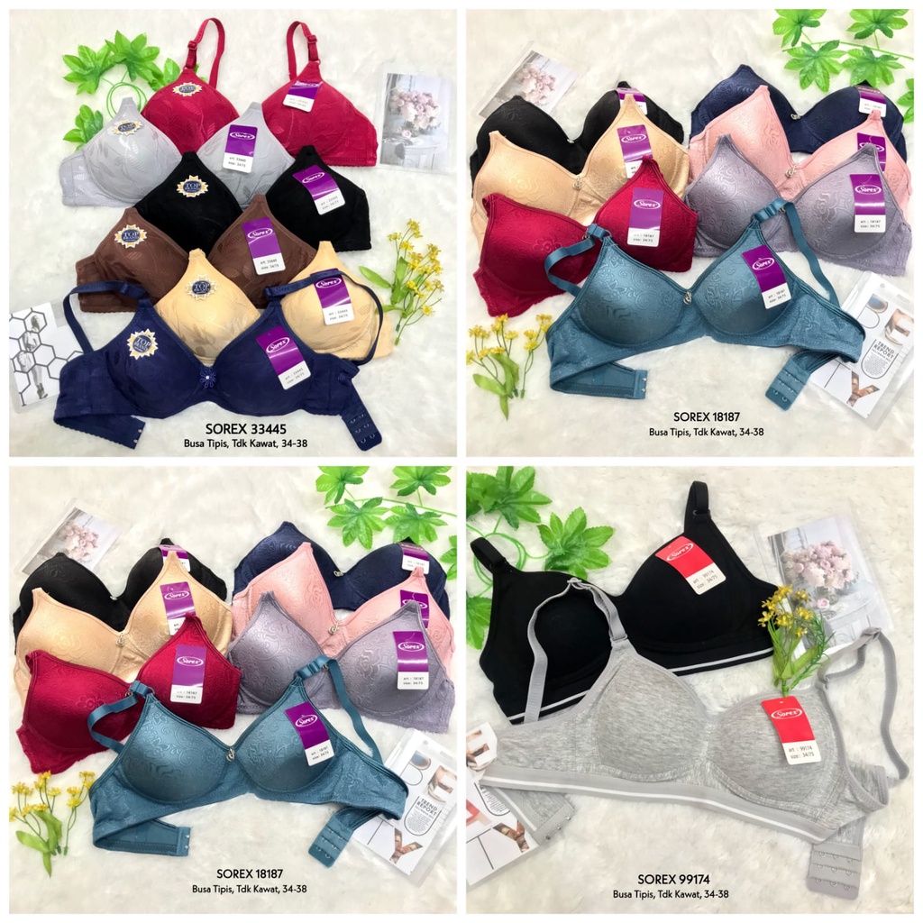 RVC75 - SOREX Bra Busa Tipis Busa Tebal Tanpa Kawat 34-42 Kait 2 dan 3 BH Katun Polos Underwear Impo