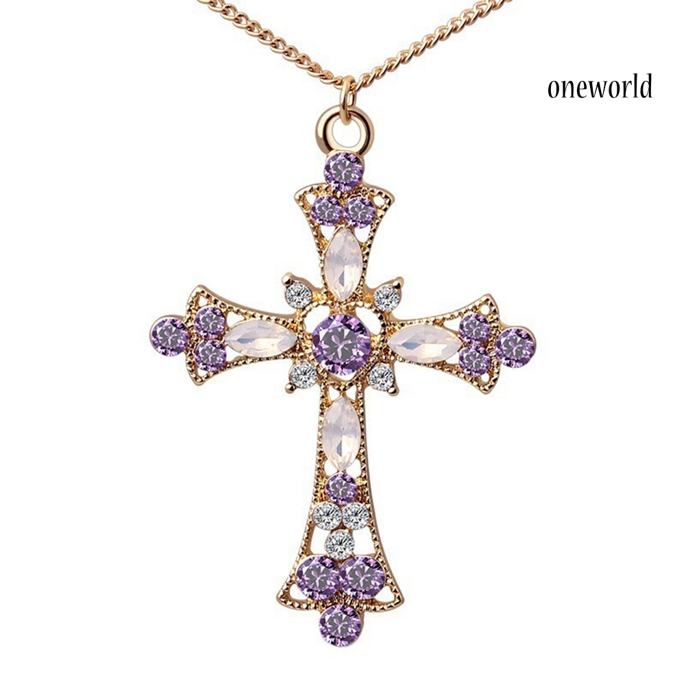 OW@ Women Rhinestone Inlaid Cross Pendant Chain Necklace Hook Earrings Jewelry Set