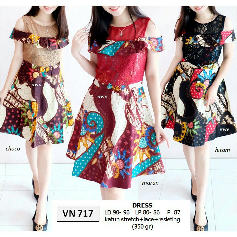 Dress Batik Pesta Wanita Modern Midi Sabrina Brukat Flare Lace VN717