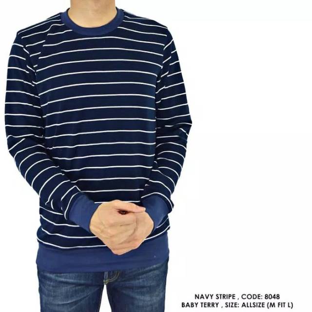 Sweater Switer Cowok Pria Motif Salur Garis Biru Paint