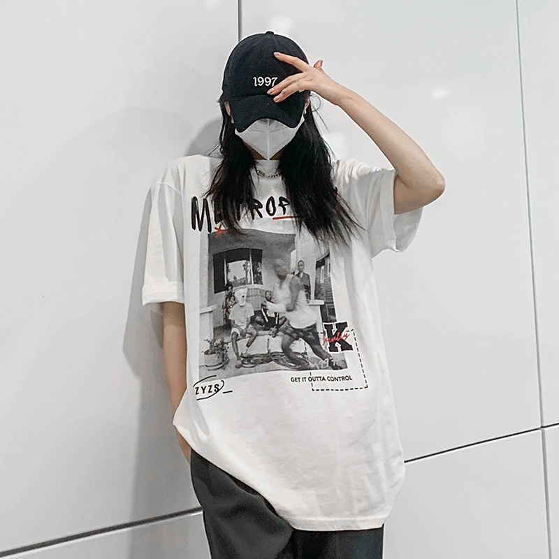 american vintage print t-shirt oversize lengan pendek/kaos putih/baju kaos wanita