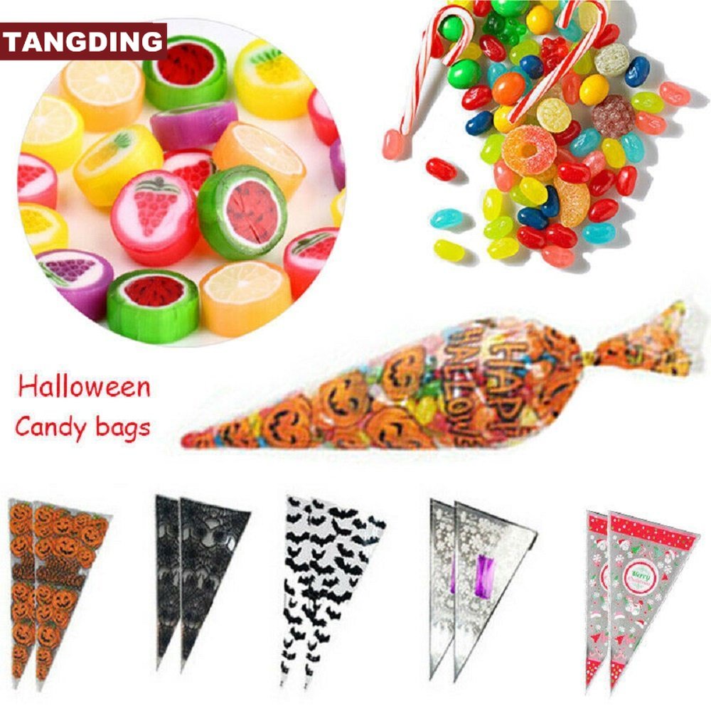 【COD Tangding】100pcs Kantong Permen Bentuk Segitiga Motif Print Bahan OPP Food Grade Untuk Natal / Halloween