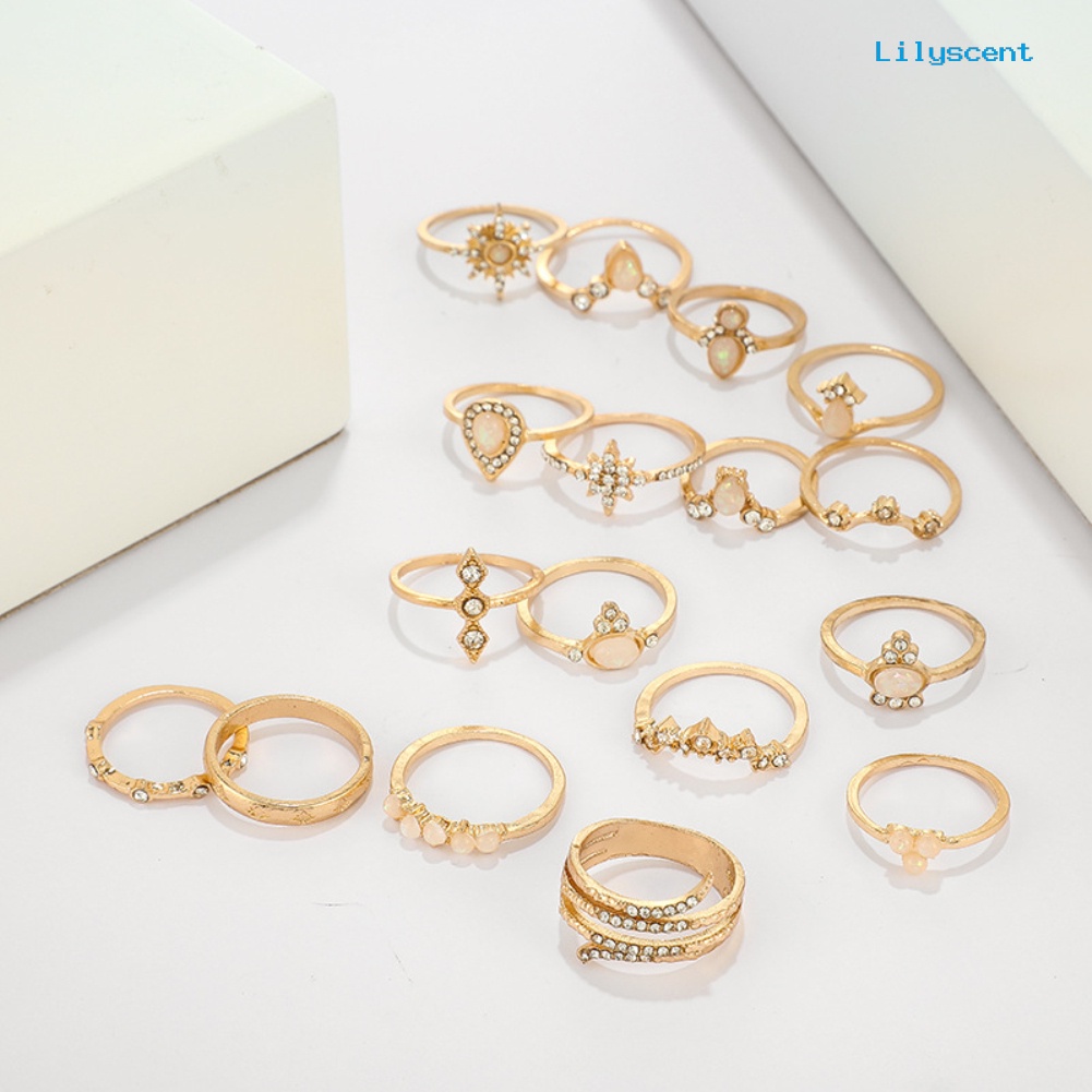 17pcs / Set Cincin Jari Bentuk Bunga Aksen Berlian Imitasi Gaya Bohemian Untuk Wanita