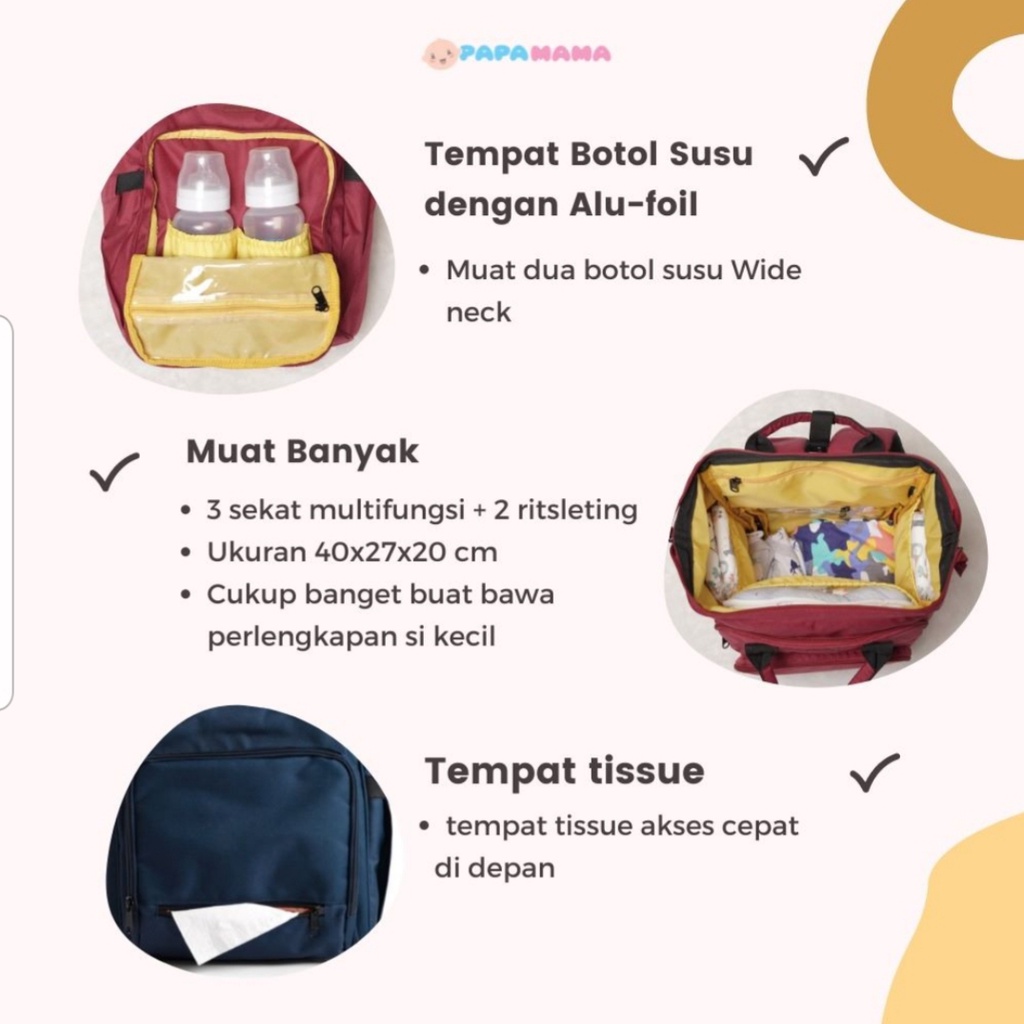 Diaper Bag Tas Bayi Ransel Perlengkapan Travelling  Papamama Clio 1007 FREE PERLAK + COOLER BAG