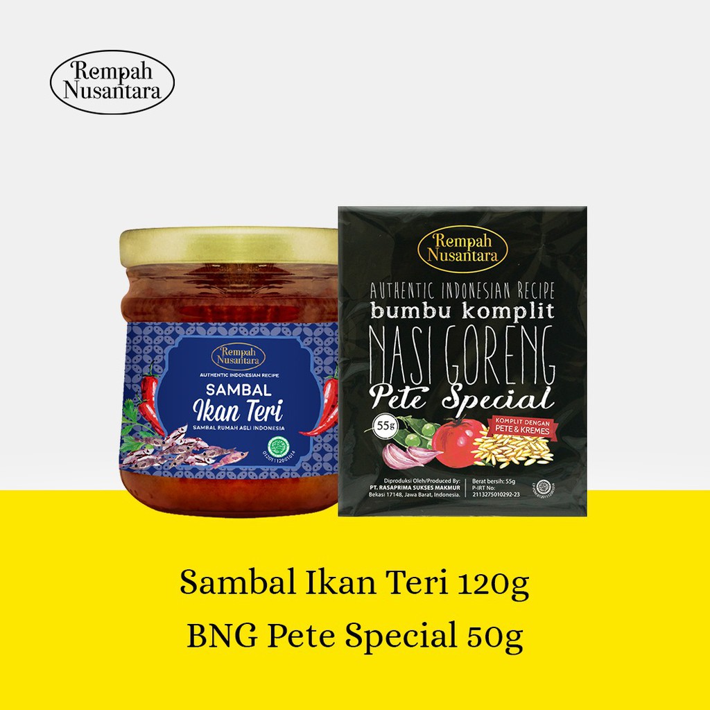 

Paket Sambal Ikan Teri 120 gr & Bumbu Nasi Goreng Pete 50 gr Seriboe Rempah Nusantara