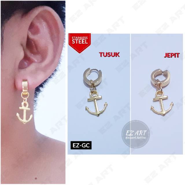 1Pc Model EZ-GC Gold Emas Anting Pria dan Wanita Jepit Tusuk Variasi Bandul Jangkar