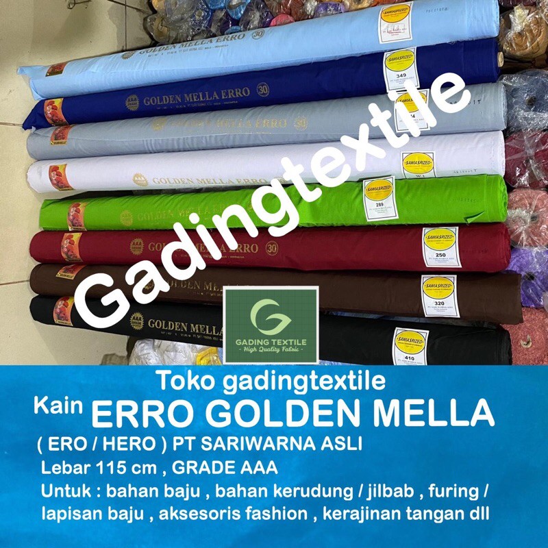 ( per setengah meter ) kain ero erro hero golden mella katun sari warna sariwarna lebar 115 cm bahan pakaian furing lapisan lembut baju koko gamis kaftan kemeja rok celana batik kerudung krudung jilbab hijab segi empat seragam sekolah craft kerajinan