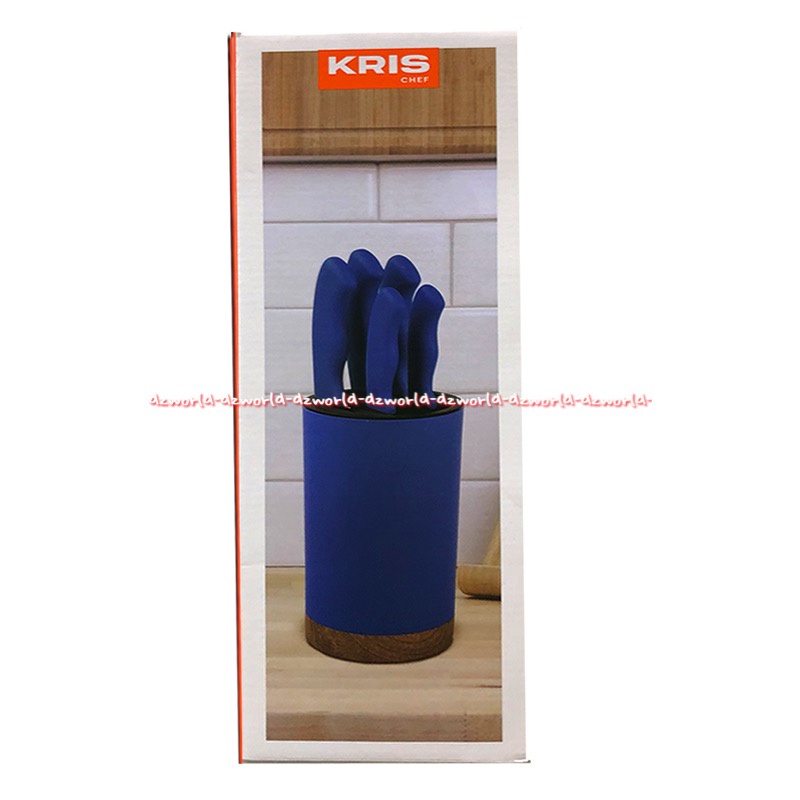 Krischef Blue Knife Set 5pcs Pisau Dapur Warna Biru 1set Dengan Tempat Box Bulat Blue Holder Kris Chef Blue Knifeset