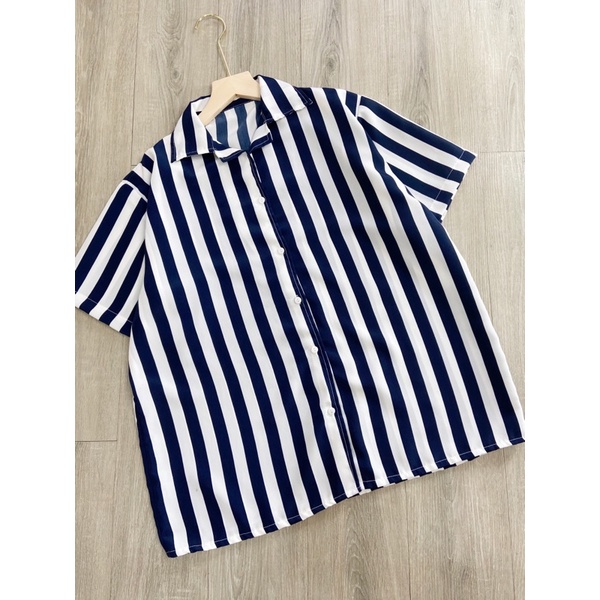 marketonline atasan blouse salur oversize / kemeja oversize lengan pendek