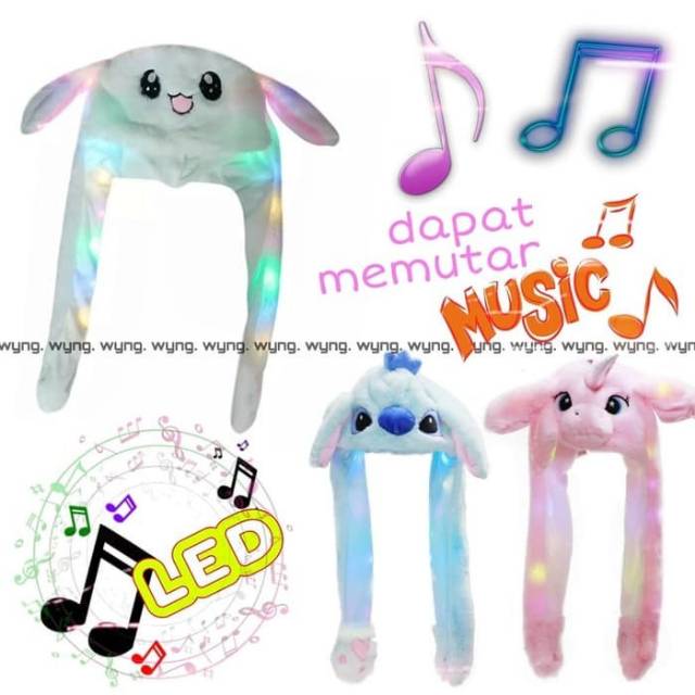 topi unicorn kuping gerak hat bunny LED MUSIC