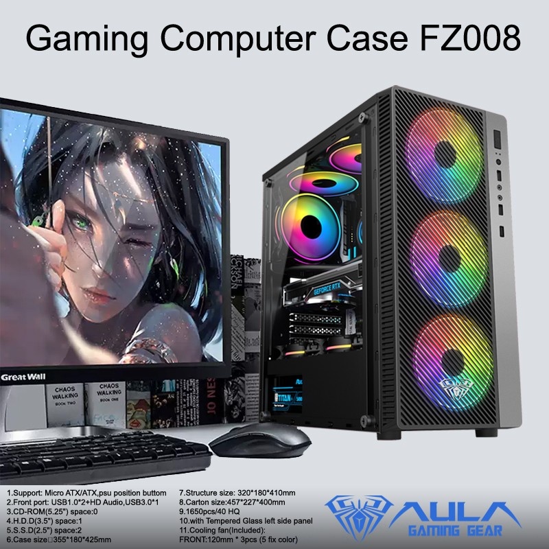 Casing PC Gaming Case AULA FZ008 FZ 008 Free 3 Fan RGB