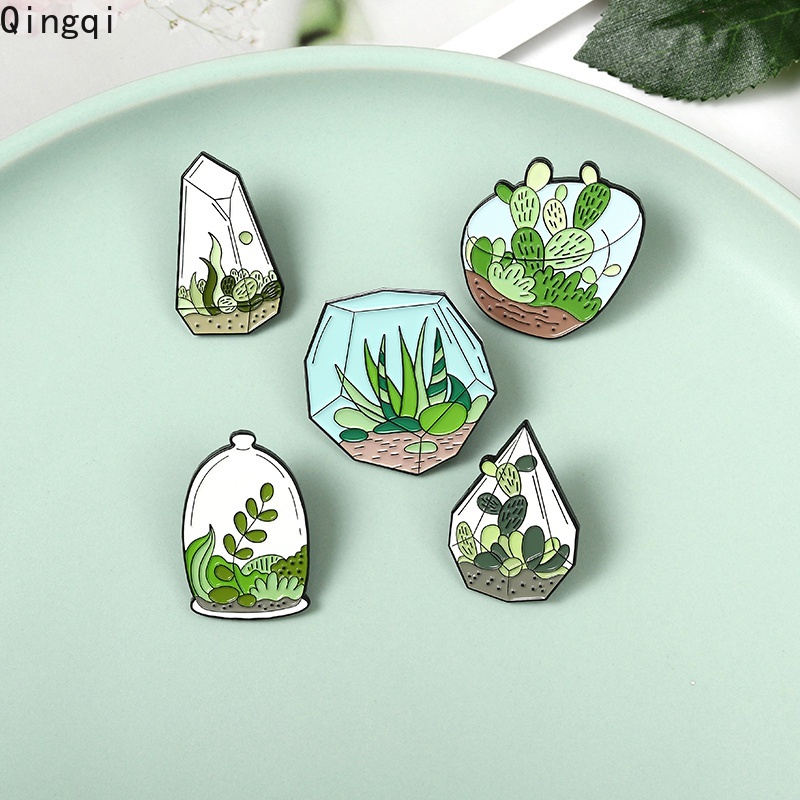 Bros Pin Enamel Desain Kartun Tanaman Kaktus Aloe Hijau Untuk Pakaian