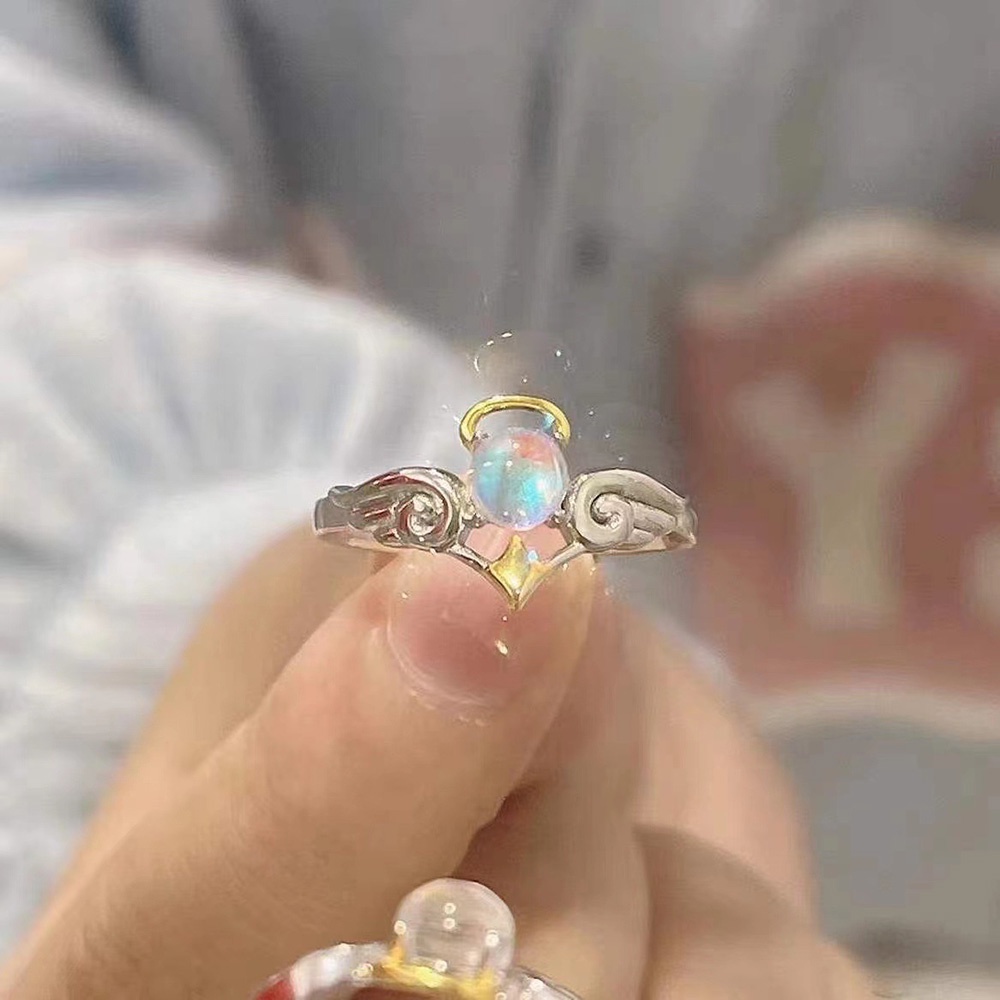 Cincin Model Terbuka Desain Malaikat Demon Moonstone Gaya retro Untuk Wanita