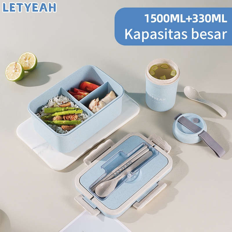 LetYeah Free Mangkuk sup 330ml lunch box set Jerami Gandum kotak makan/free Sendok/1500ml Kotak Bekal