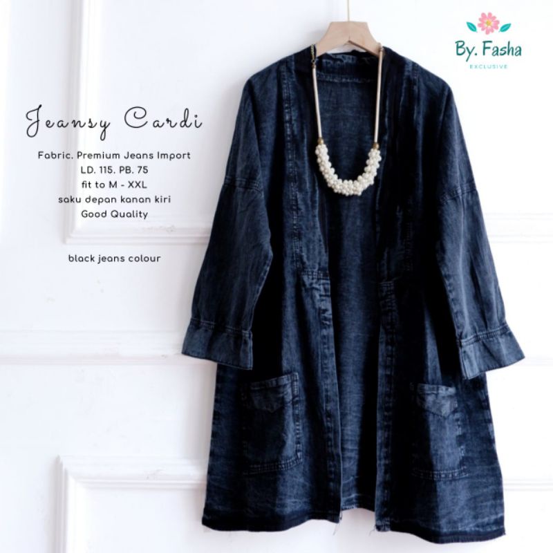 Jeansy Outer Cardigan Blazer Jeans Snow Hitam Ld 115 Jumbo Fit XXL Best Seller By Fasha