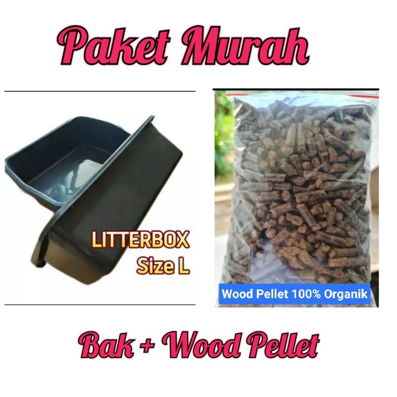 Bak Litterbox Uk. L &amp; 2KG Wood Pellet Pasir Kucing Organik