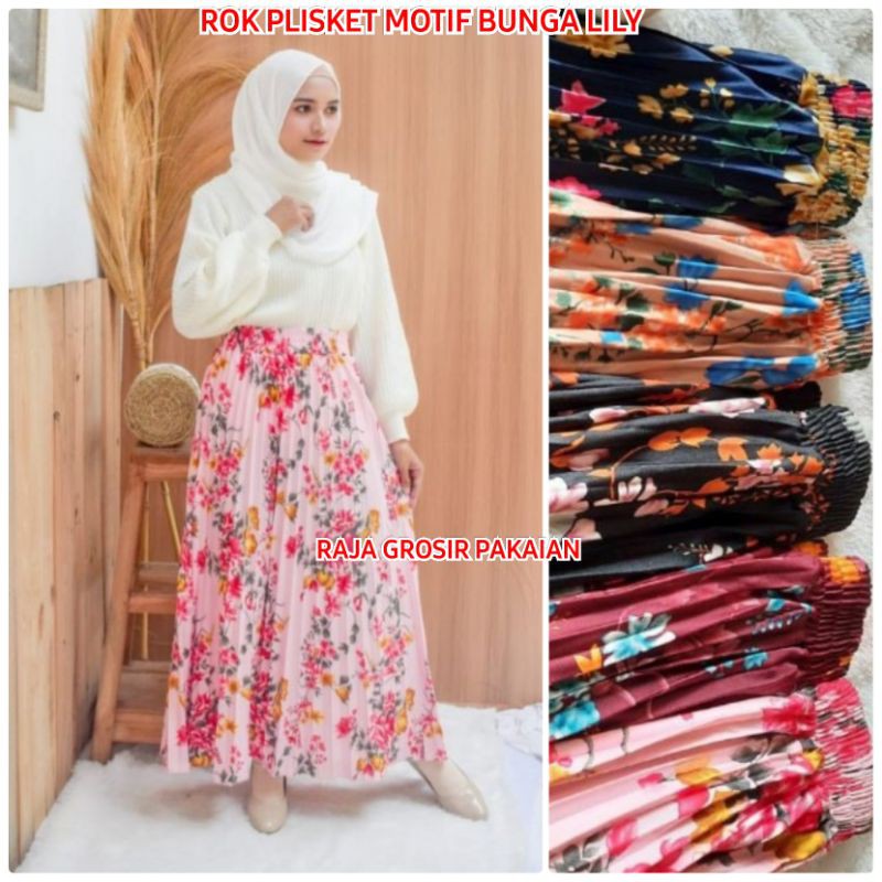 Rok Plisket Import Motif Bunga Lily