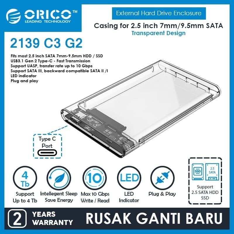 SSD ENCLOSURE TYPE-C USB 3.1 ORICO 2139C3-G2 2.5&quot; PORTABLE HDD Type C | ORICO