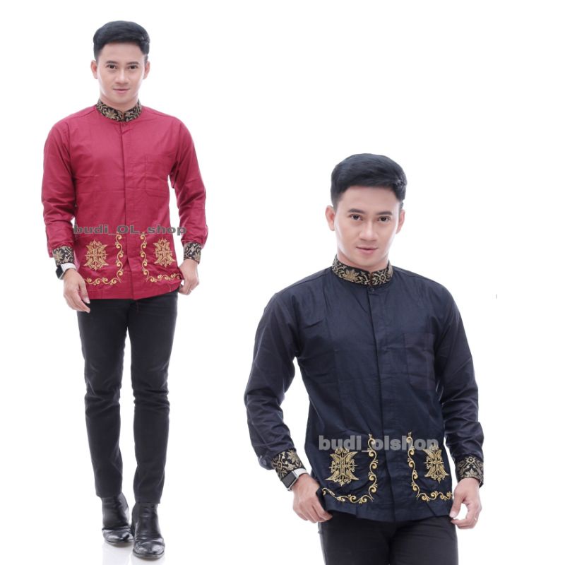 BAJU KOKO BORDIR PINTU ACEH | BORDIR PINTU ACEH | HEM BORDIR PINTU ACEH MARUN NAVI HITAM