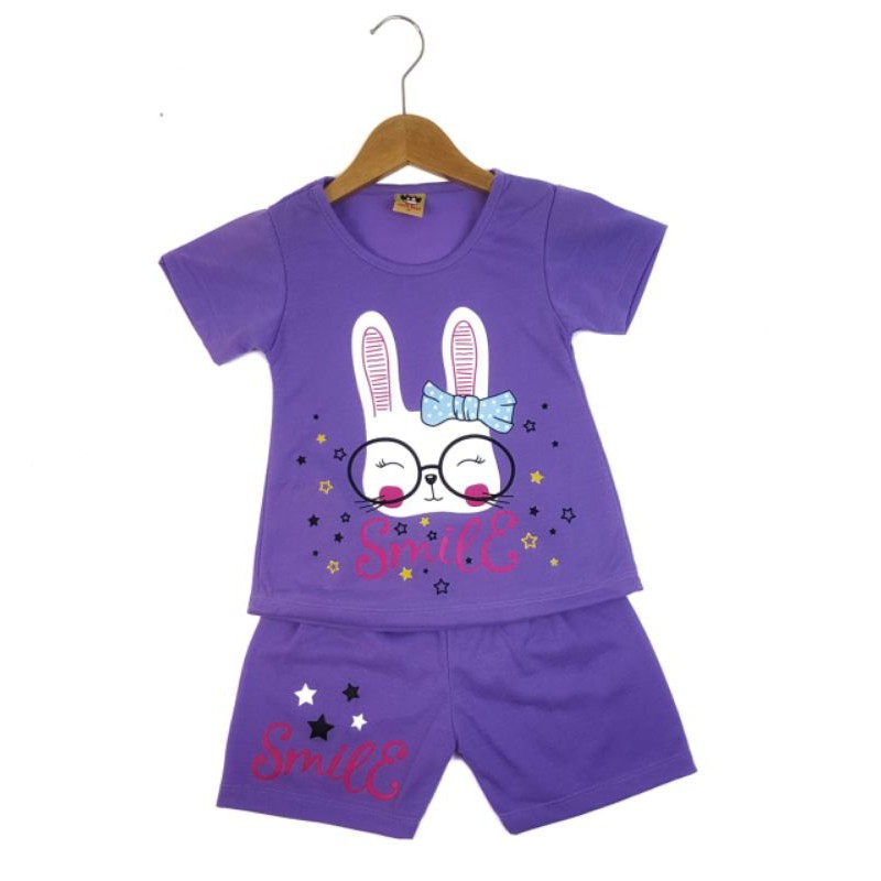 SETELAN BAJU ANAK PEREMPUAN SIKUNING MOTIF RABBIT SMILE 2-6 TAHUN NEW