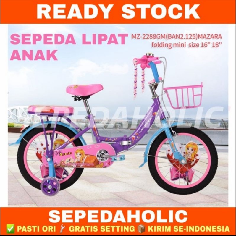 Sepeda Lipat Anak Perempuan MINI MAZARA MZ 2288 GM Ukuran 16 & 18 Inch Keranjang