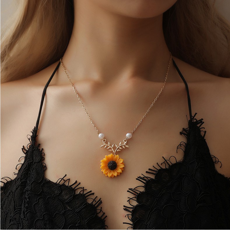 [MHANG]Kalung Wanita Momen Silver Mutiara Sun Flower Feminin Fashion Sunflower Pendant