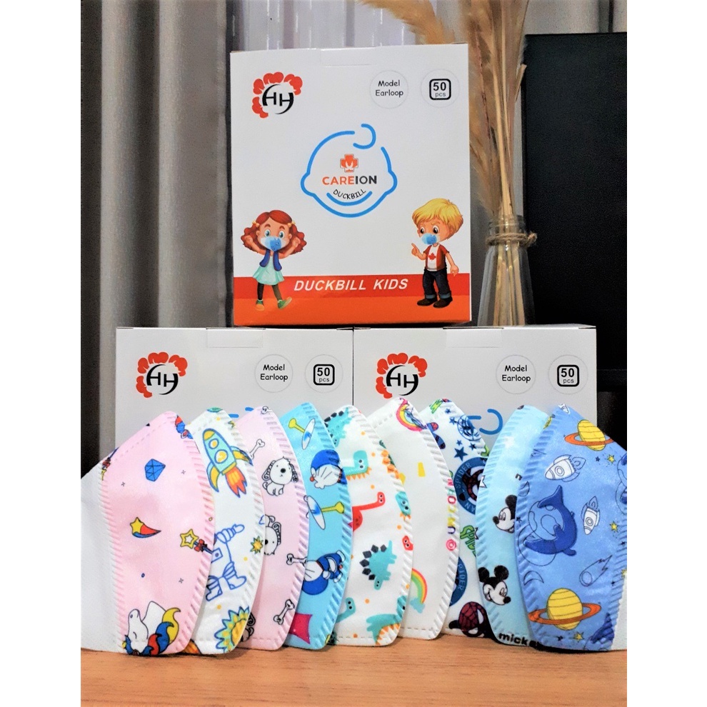 Masker Duckbill Anak Careion Duckbill Kids Isi 50 Pcs/Box Model Earloop Karakter Dukbil Motif 3 Ply