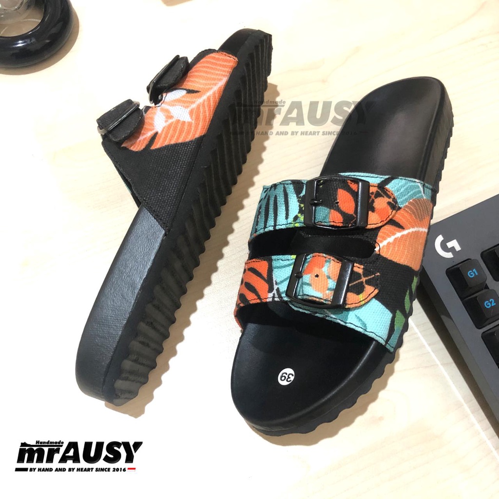 Sandal Selop Wanita Cewek Casual mrAUSY Strap 2 Gesper 2 Motif