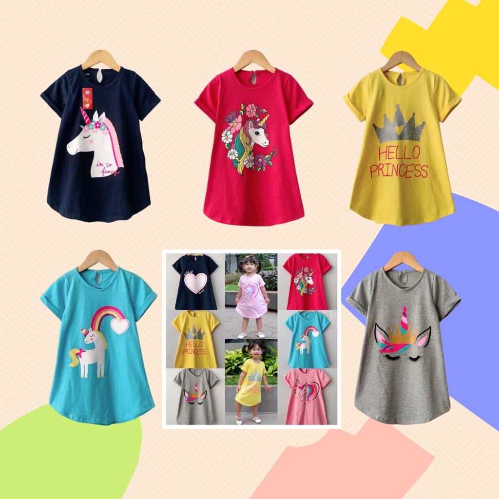 Dress/ Tunik/ Daster Anak Motif Kuda Poni Unicorn Princess Size 1-5Tahun